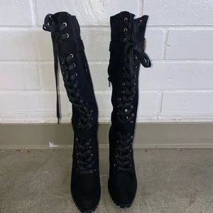 Black Laced Knee High Boot Heels